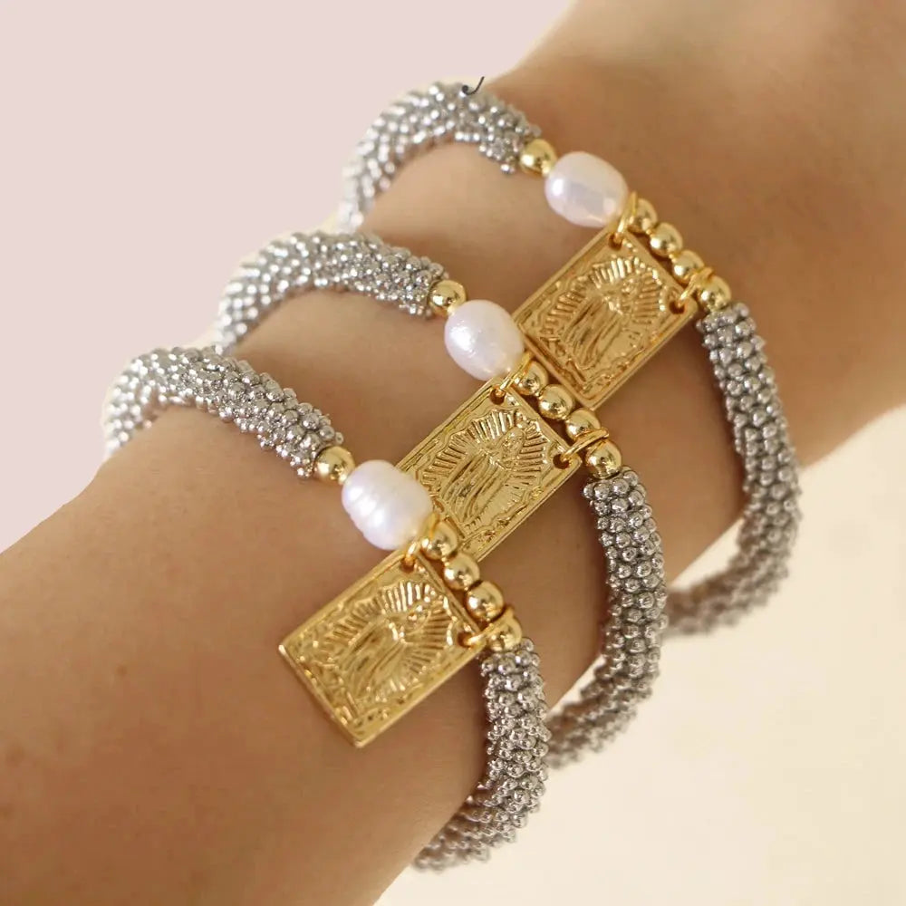 5-Piece Jesus and Mary Pearl Bracelet Set – Elegant Faith-Inspired Jewelry" - Path Of Praise