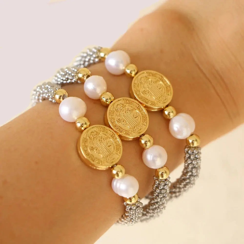 5-Piece Jesus and Mary Pearl Bracelet Set – Elegant Faith-Inspired Jewelry" - Path Of Praise