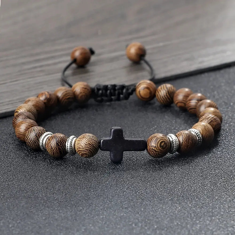 Faith-Inspired Handmade Natural Stone Wooden Jesus Cross Bracelet - Path Of Praise