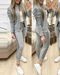 Thumbnail for Spring Leisure Sports Zipper Tops Coat Pants 2 Two Pieces Sets For Women Striped Stitching Comfortable Activewear Sets Path Of Praise