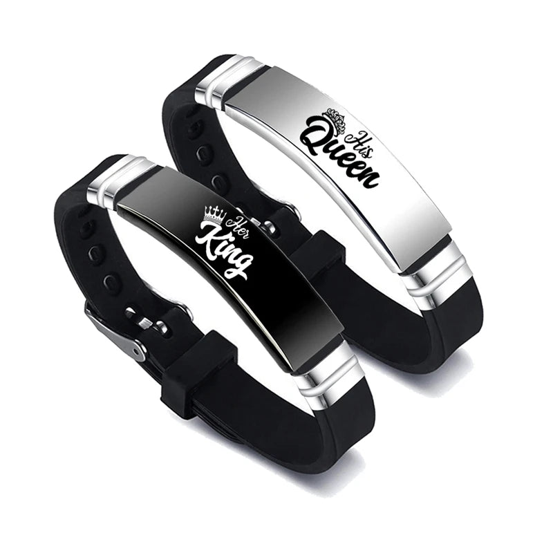 2 Pcs/Set His Queen & Her King Couple Bracelet - Stainless Steel Adjustable Strap