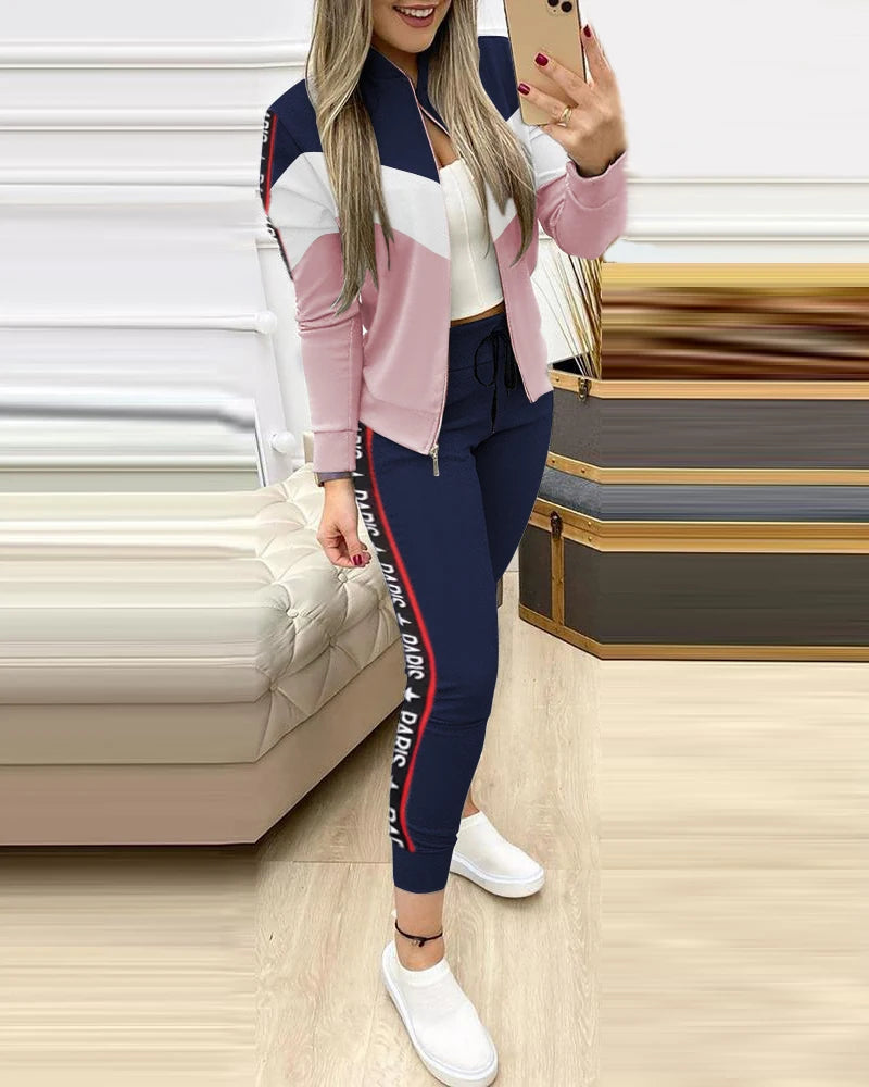 Spring Leisure Sports Zipper Tops Coat Pants 2 Two Pieces Sets For Women Striped Stitching Comfortable Activewear Sets Path Of Praise