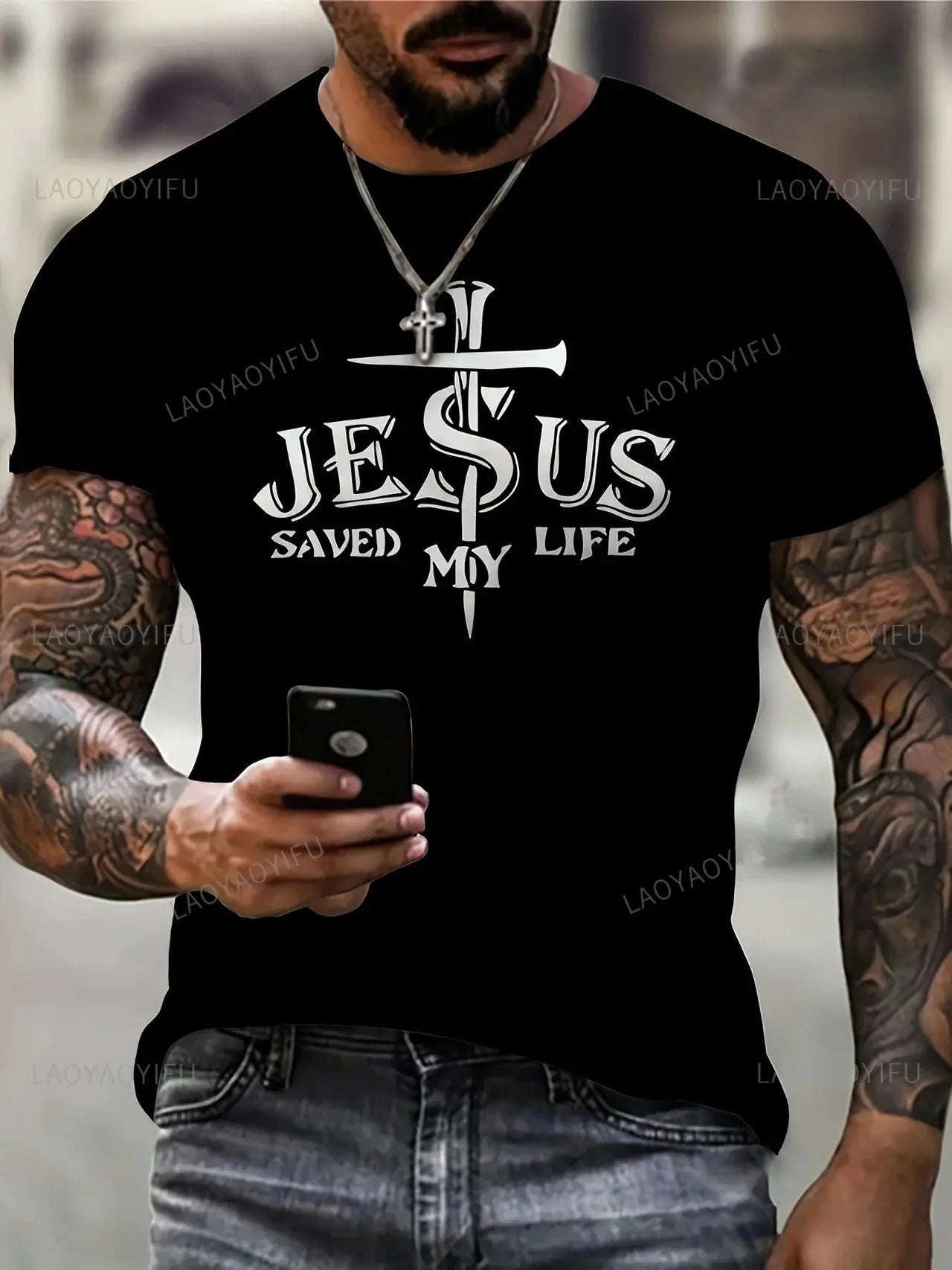 Jesus Saved My Life Graphic T-Shirt - Bold Christian Statement Tee for Men - Path Of Praise