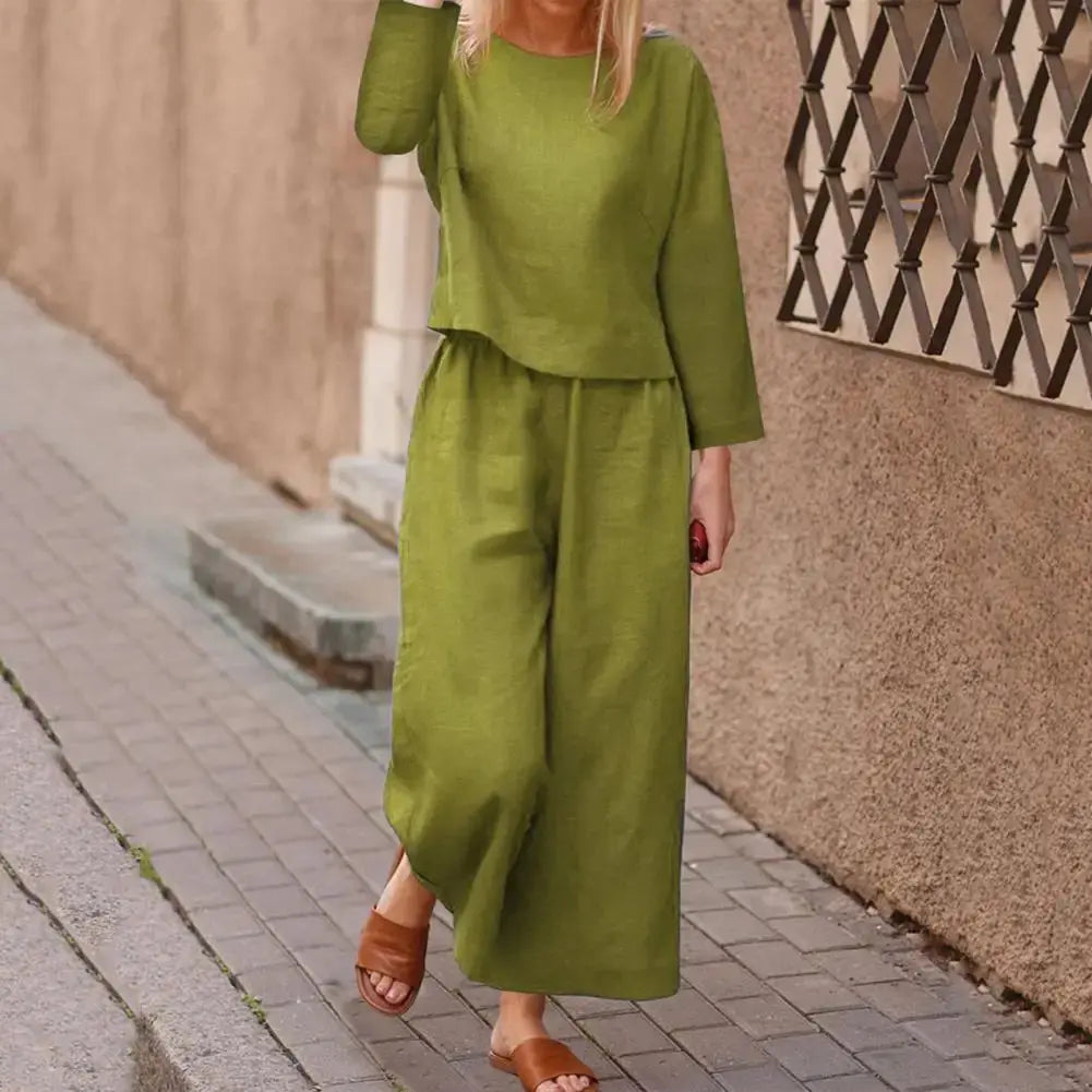 Stylish Women's Top & Pants Set | Long Sleeve Round Neck T-shirt & Elastic Waist Trousers | Casual Two-Piece Suit for Fall Office Wear - Path Of Praise