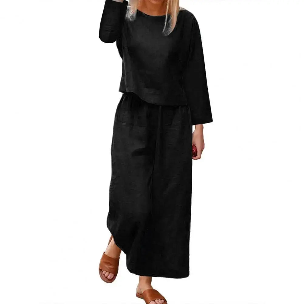 Stylish Women's Top & Pants Set | Long Sleeve Round Neck T-shirt & Elastic Waist Trousers | Casual Two-Piece Suit for Fall Office Wear - Path Of Praise