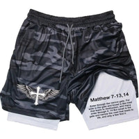 Thumbnail for Men's Jesus Shorts – Bible Matthew 7:13-14 Scripture-Inspired Activewear - Path Of Praise