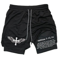 Thumbnail for Men's Jesus Shorts – Bible Matthew 7:13-14 Scripture-Inspired Activewear - Path Of Praise