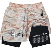 Thumbnail for Men's Jesus Shorts – Bible Matthew 7:13-14 Scripture-Inspired Activewear - Path Of Praise