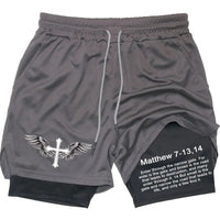 Thumbnail for Men's Jesus Shorts – Bible Matthew 7:13-14 Scripture-Inspired Activewear - Path Of Praise