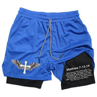 Thumbnail for Men's Jesus Shorts – Bible Matthew 7:13-14 Scripture-Inspired Activewear - Path Of Praise