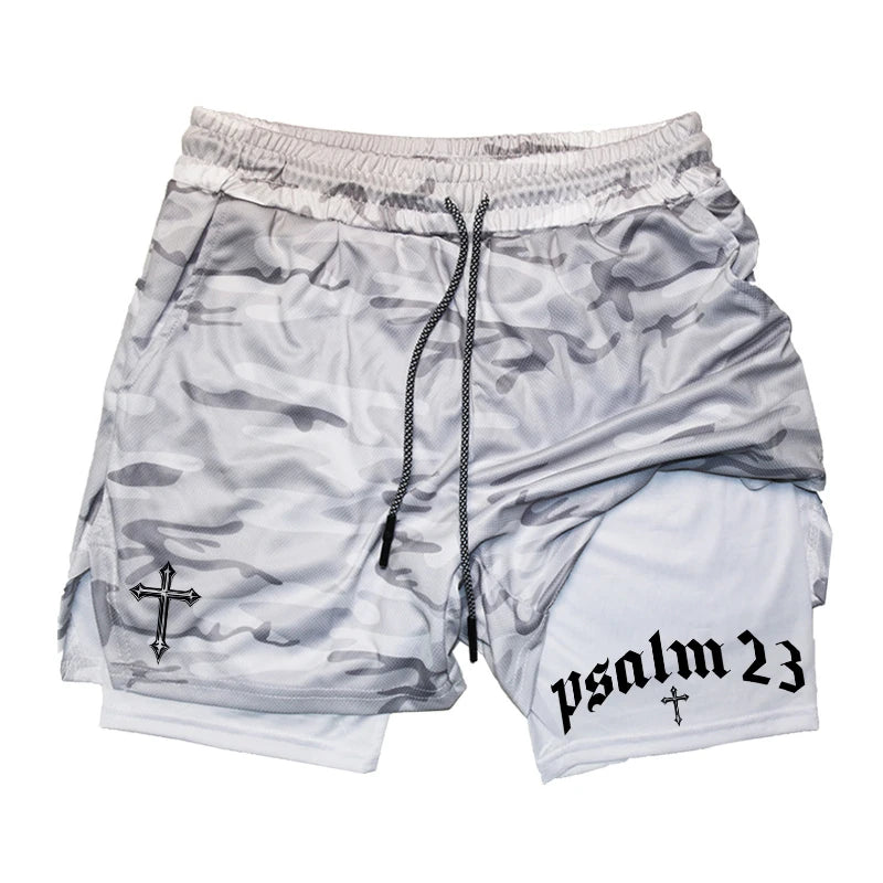 Psalm Cross Print 2 in 1 Workout Running Shorts for Men Gym Athletic Breathable Performance Shorts with Phone Pocket Activewear Path Of Praise