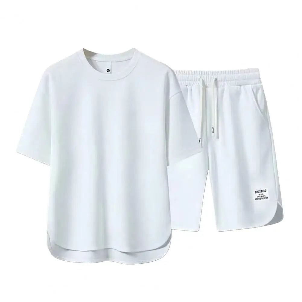 Men Activewear Casual Outfit Set, O-neck Short Sleeve T-shirt, Elastic Drawstring Waist, Wide Leg Shorts - Path Of Praise 