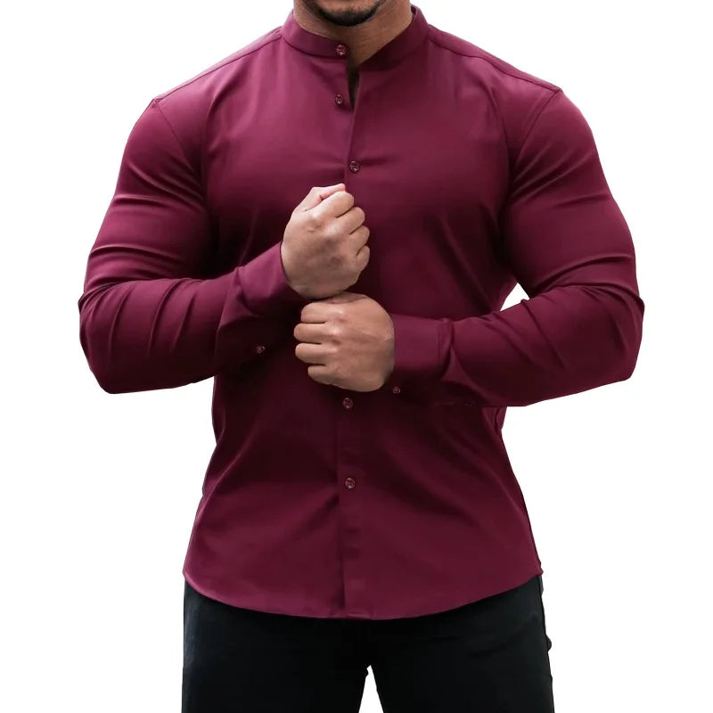 Men's  Casual Shirt Slim Fit Micro-elastic Long Sleeve Comfortable Versatile Stand Collar Tops Camisas  Men Dress Shirt Path Of Praise