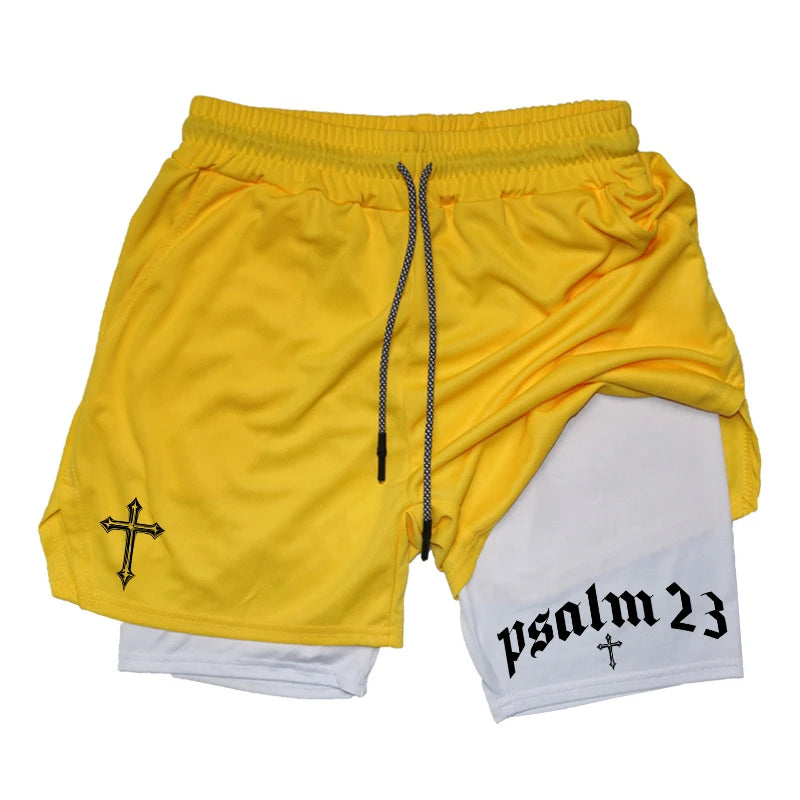 Psalm Cross Print 2 in 1 Workout Running Shorts for Men Gym Athletic Breathable Performance Shorts with Phone Pocket Activewear Path Of Praise