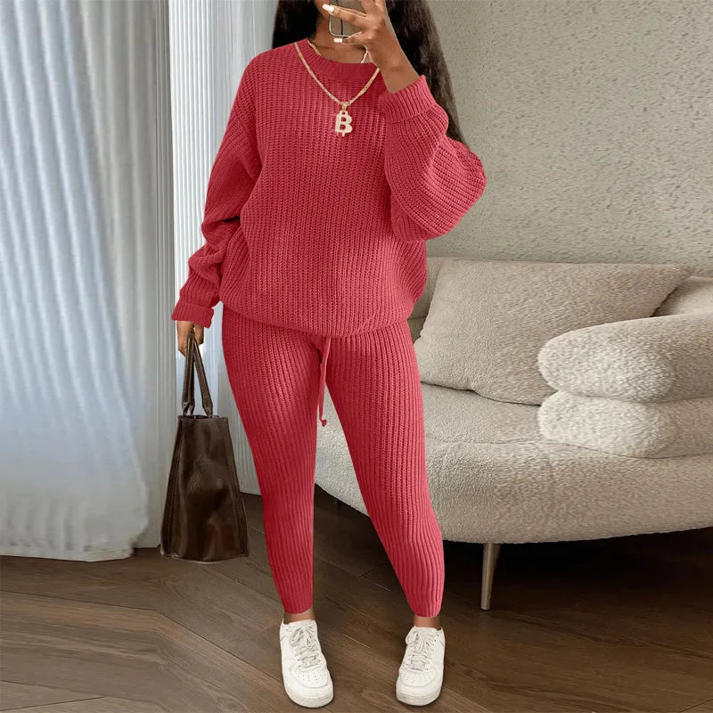 Spring and Autumn Home Fashion Casual Knitted Suit, Trousers Suit, Women's Wool Suit Crew Neck Pullover Long Sleeve Trousers Path Of Praise