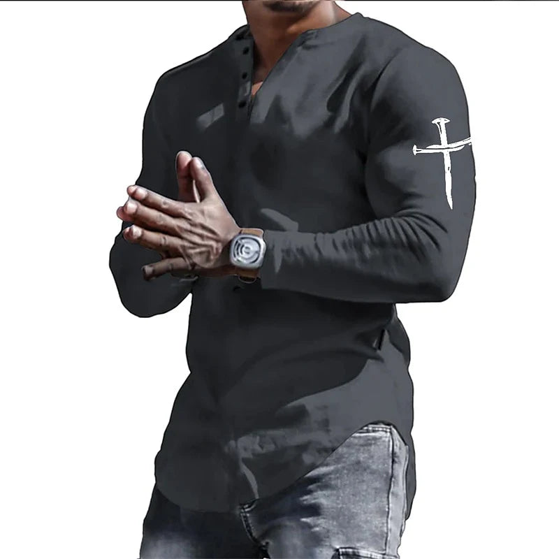 Spring Henley Shirts Jesus Christ Cross 3D Print Streetwear Men's Vintage Button-Down Long Sleeve T Shirt Man Tees Tops Clothing Path Of Praise