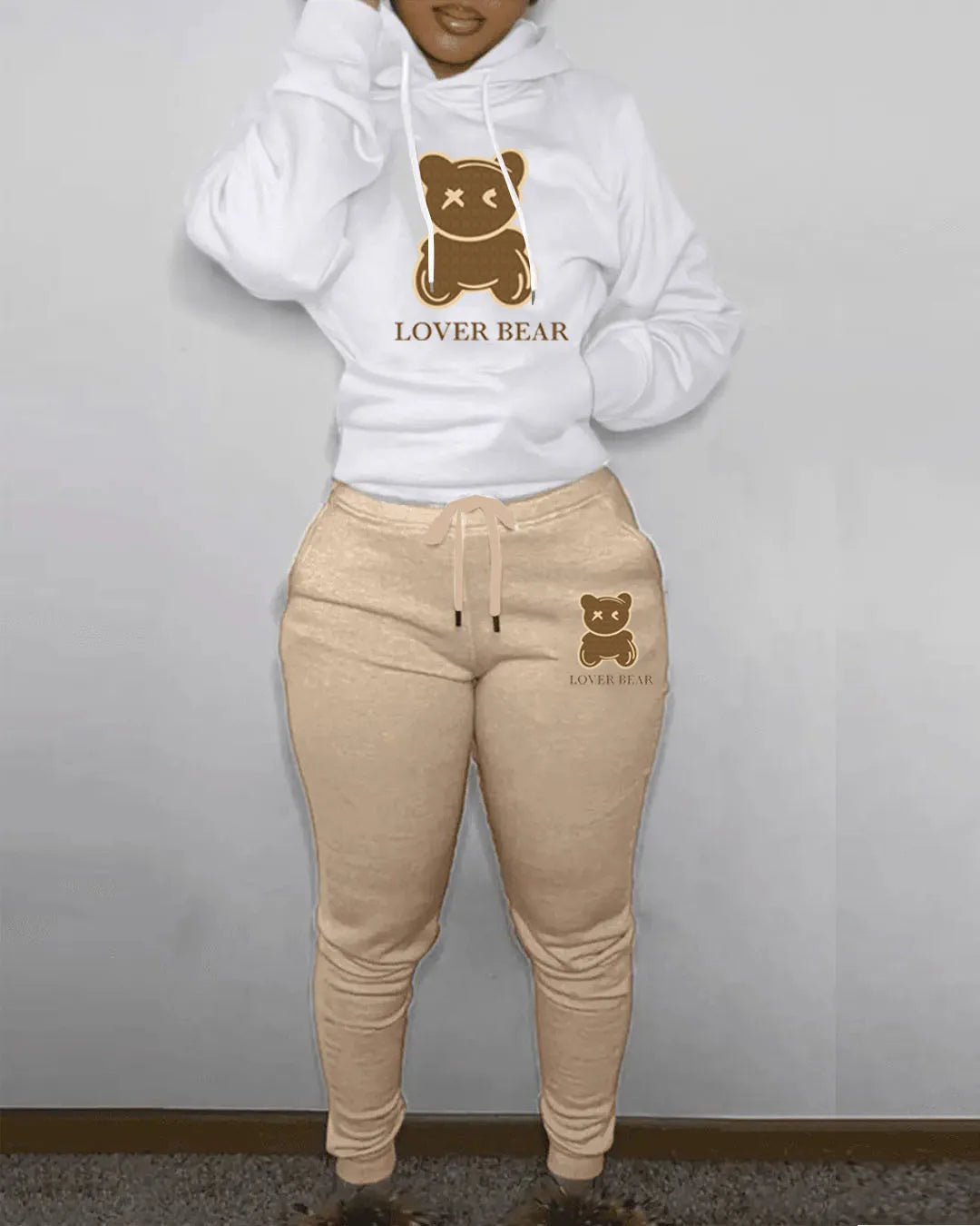 Women's "Lover Bear" 2-Piece Tracksuit Set – Long Sleeve Hoodie & Drawstring Pants with Kangaroo Pocket