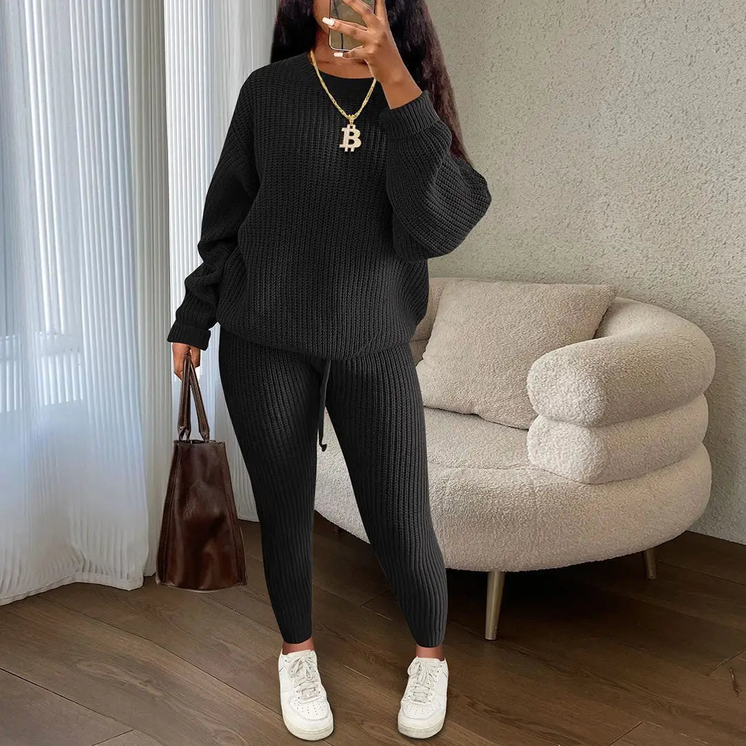 Spring and Autumn Home Fashion Casual Knitted Suit, Trousers Suit, Women's Wool Suit Crew Neck Pullover Long Sleeve Trousers Path Of Praise