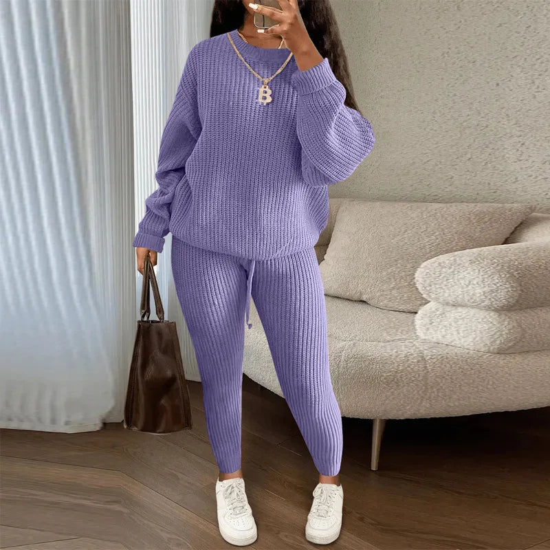 Spring and Autumn Home Fashion Casual Knitted Suit, Trousers Suit, Women's Wool Suit Crew Neck Pullover Long Sleeve Trousers Path Of Praise