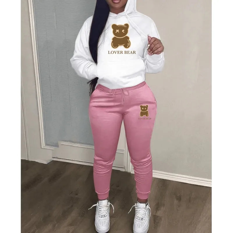 Women's "Lover Bear" 2-Piece Tracksuit Set – Long Sleeve Hoodie & Drawstring Pants with Kangaroo Pocket