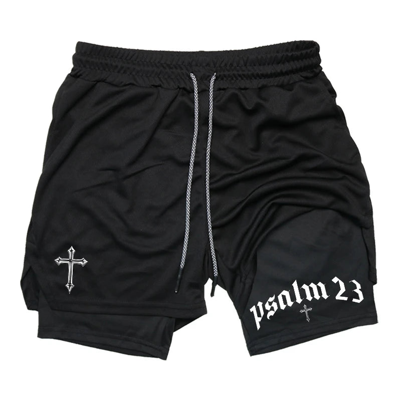 Psalm Cross Print 2 in 1 Workout Running Shorts for Men Gym Athletic Breathable Performance Shorts with Phone Pocket Activewear Path Of Praise