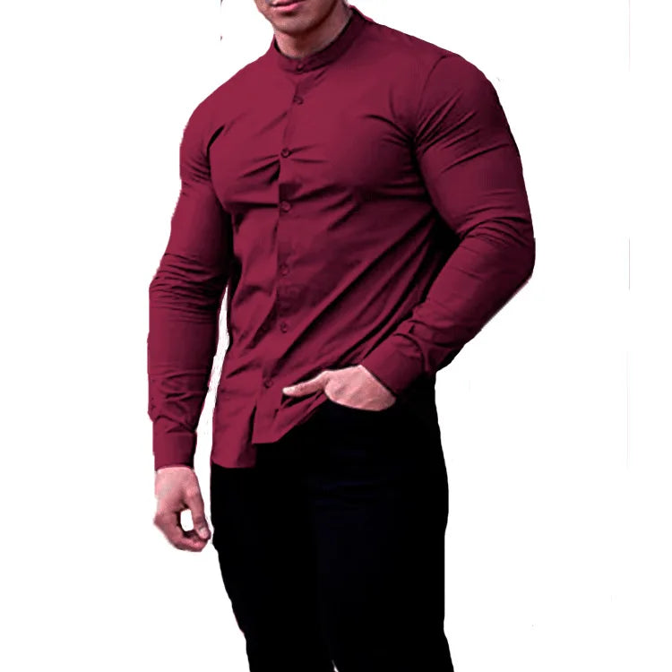 Men's  Casual Shirt Slim Fit Micro-elastic Long Sleeve Comfortable Versatile Stand Collar Tops Camisas  Men Dress Shirt Path Of Praise