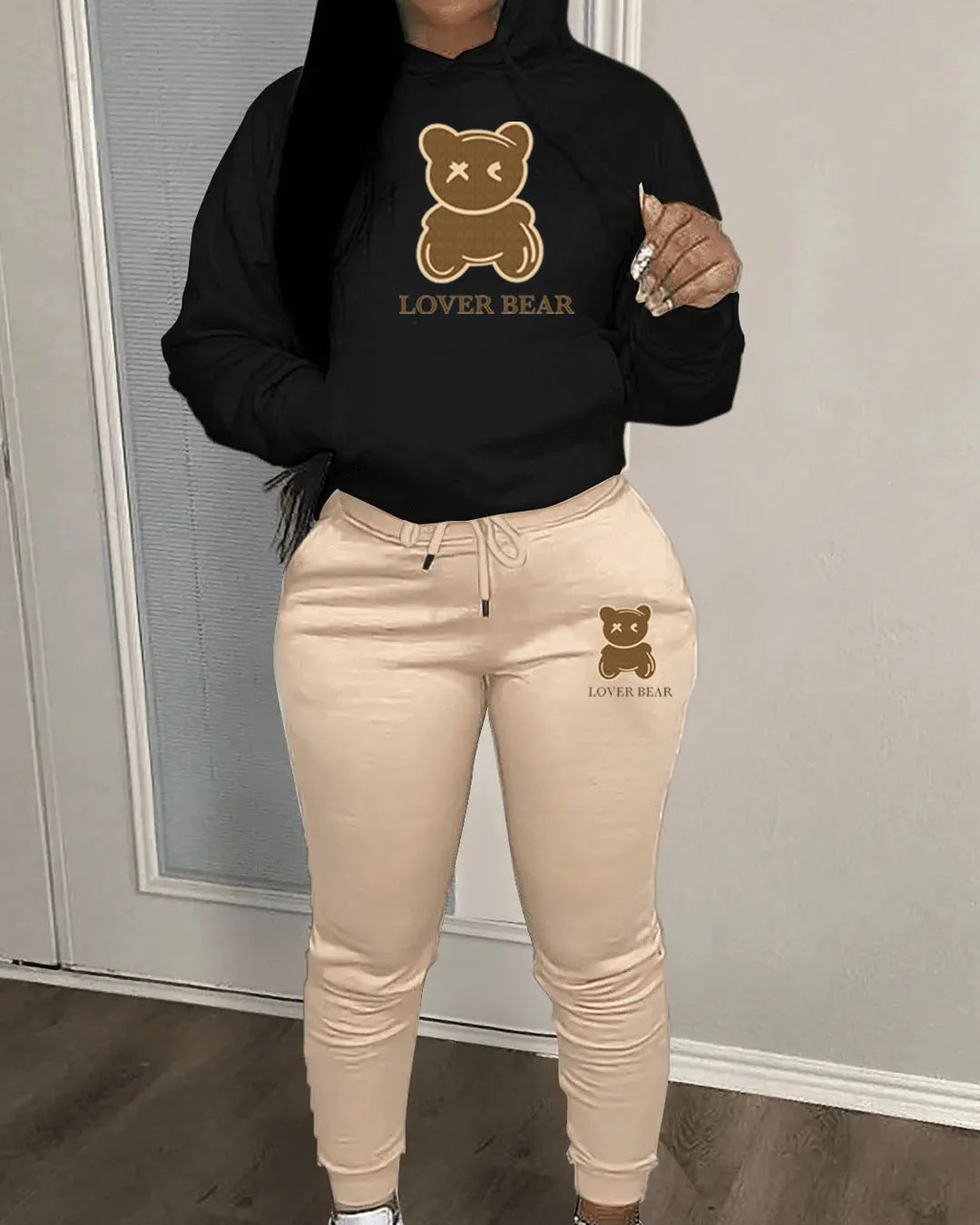 Women's "Lover Bear" 2-Piece Tracksuit Set – Long Sleeve Hoodie & Drawstring Pants with Kangaroo Pocket