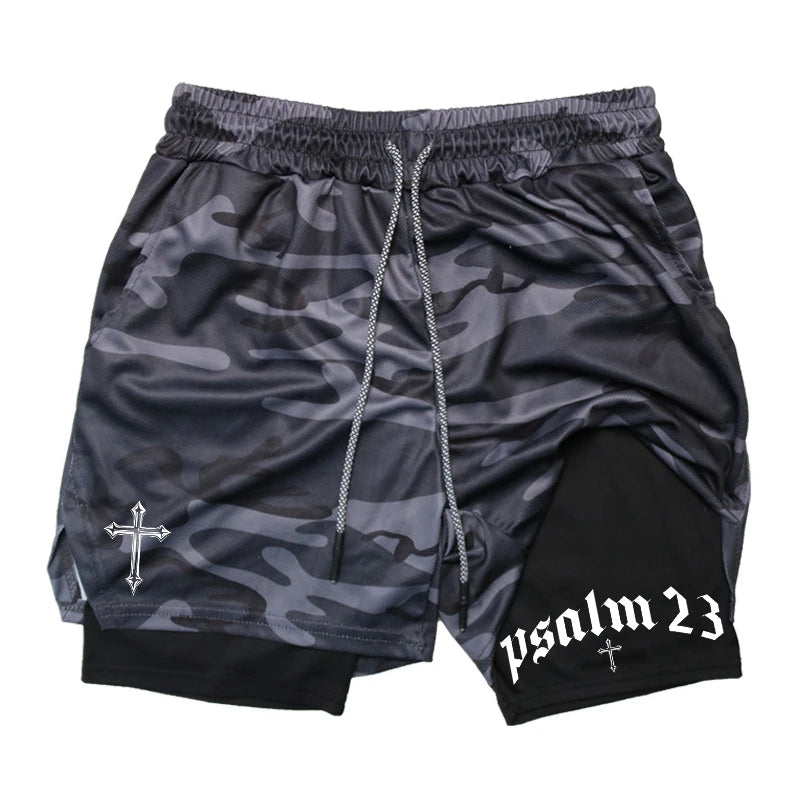 Psalm Cross Print 2 in 1 Workout Running Shorts for Men Gym Athletic Breathable Performance Shorts with Phone Pocket Activewear Path Of Praise