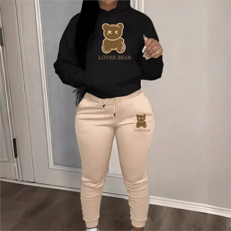 Women's "Lover Bear" 2-Piece Tracksuit Set – Long Sleeve Hoodie & Drawstring Pants with Kangaroo Pocket