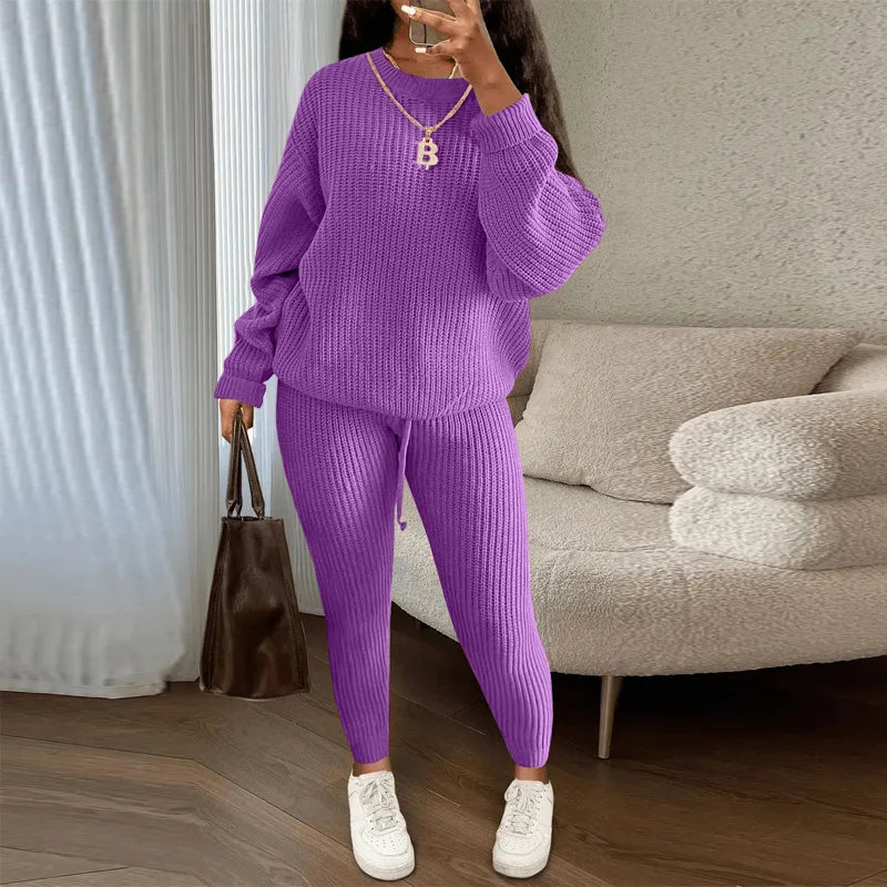 Spring and Autumn Home Fashion Casual Knitted Suit, Trousers Suit, Women's Wool Suit Crew Neck Pullover Long Sleeve Trousers Path Of Praise