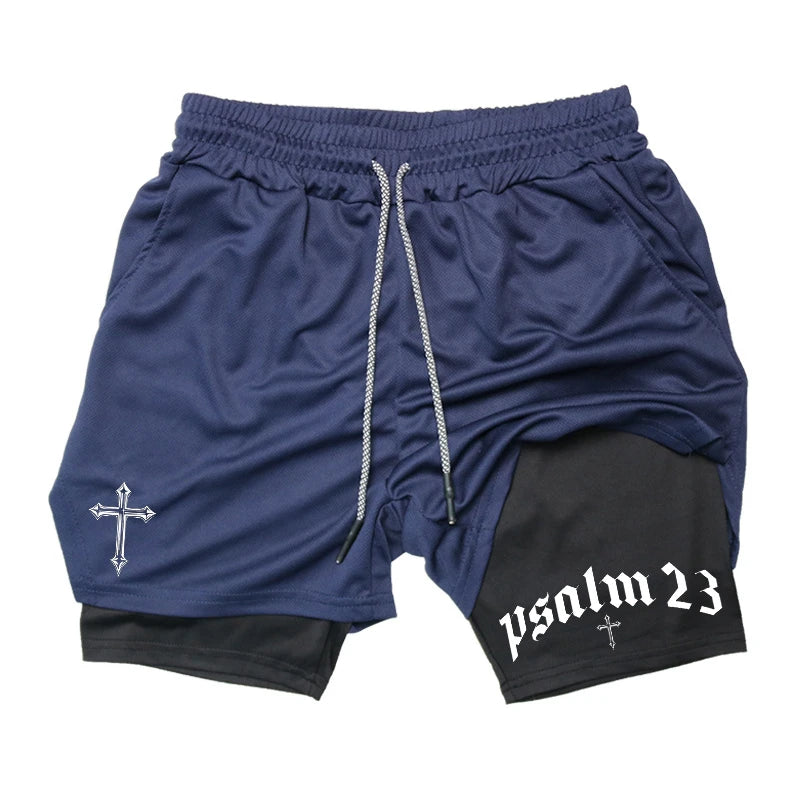 Psalm Cross Print 2 in 1 Workout Running Shorts for Men Gym Athletic Breathable Performance Shorts with Phone Pocket Activewear Path Of Praise