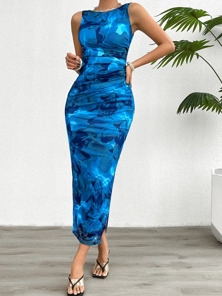 Women's 2024 Spring Summer New Fashionable Printed Round Neck Style Slimming Sleeveless Tight Dress With Split Bottom Path Of Praise