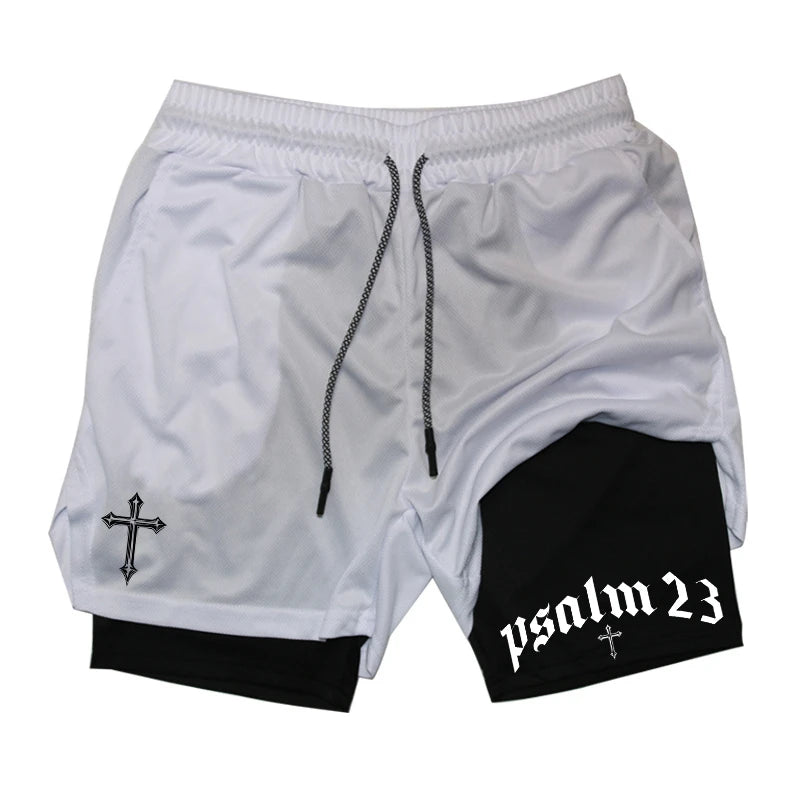 Psalm Cross Print 2 in 1 Workout Running Shorts for Men Gym Athletic Breathable Performance Shorts with Phone Pocket Activewear Path Of Praise