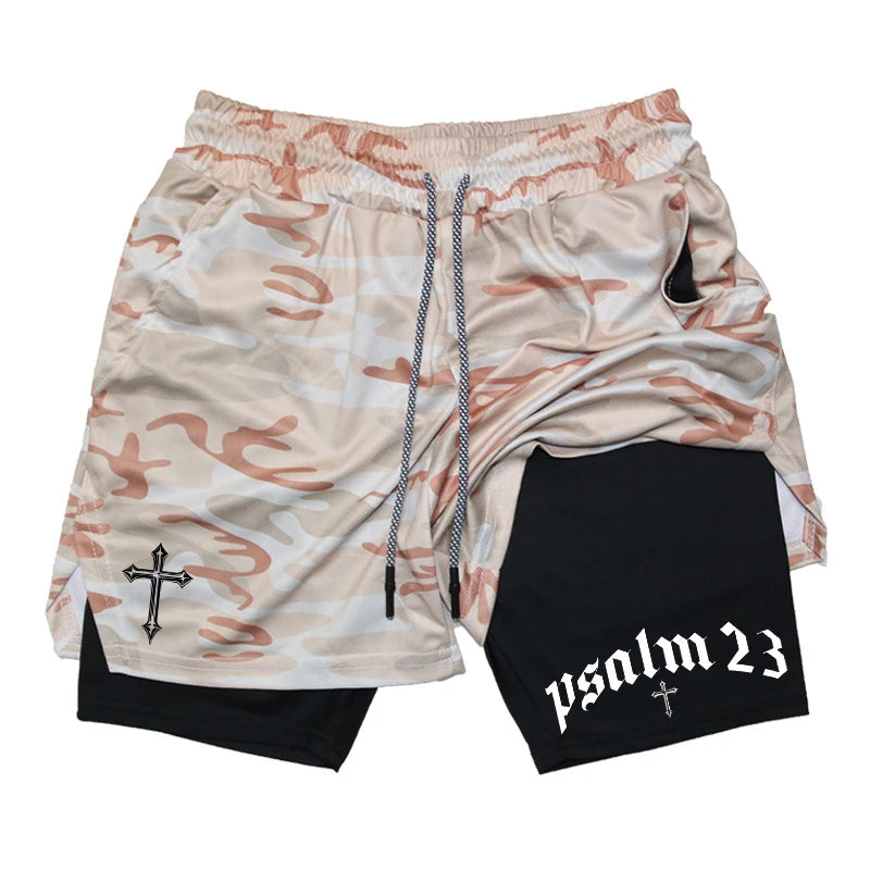 Psalm Cross Print 2 in 1 Workout Running Shorts for Men Gym Athletic Breathable Performance Shorts with Phone Pocket Activewear Path Of Praise