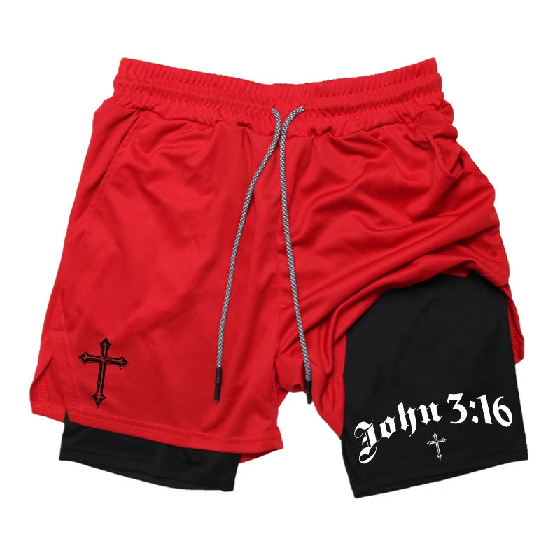 Cross Print 2 in 1 Running Workout Shorts for Men Christian Athletic Performance Shorts with Phone Pocket Towel Loop Activewear Path Of Praise