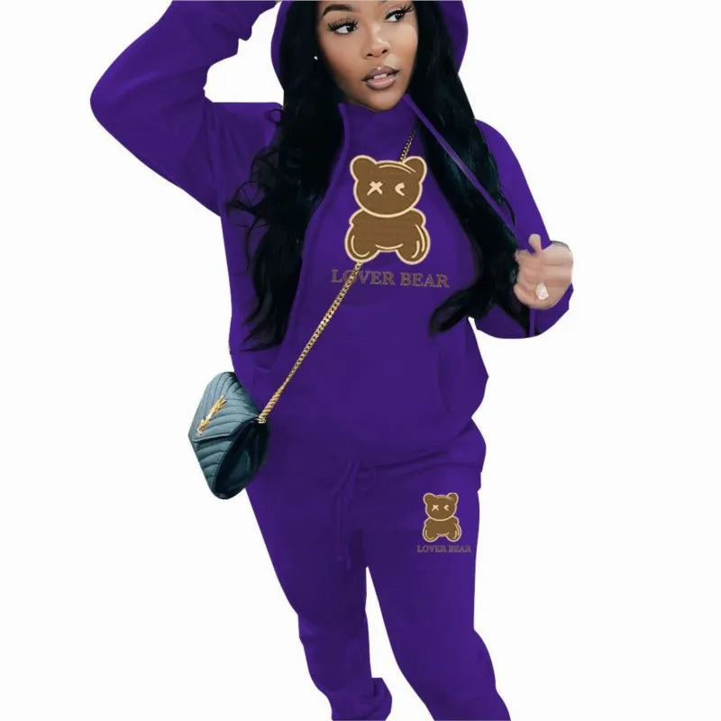 Women's "Lover Bear" 2-Piece Tracksuit Set – Long Sleeve Hoodie & Drawstring Pants with Kangaroo Pocket