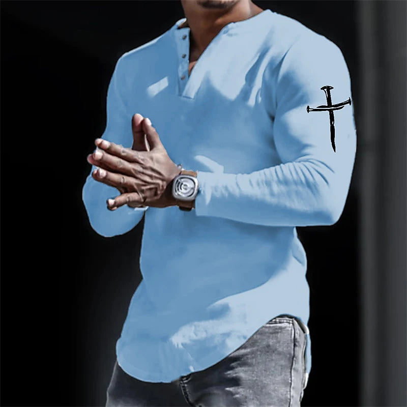 Spring Henley Shirts Jesus Christ Cross 3D Print Streetwear Men's Vintage Button-Down Long Sleeve T Shirt Man Tees Tops Clothing Path Of Praise