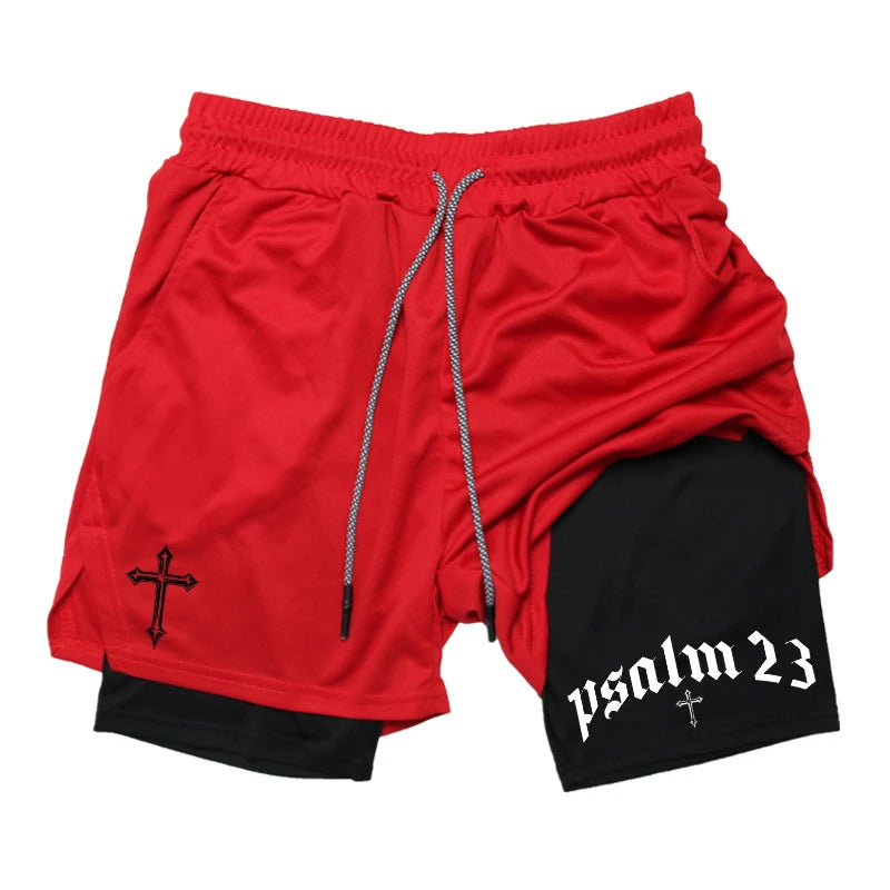 Psalm Cross Print 2 in 1 Workout Running Shorts for Men Gym Athletic Breathable Performance Shorts with Phone Pocket Activewear Path Of Praise