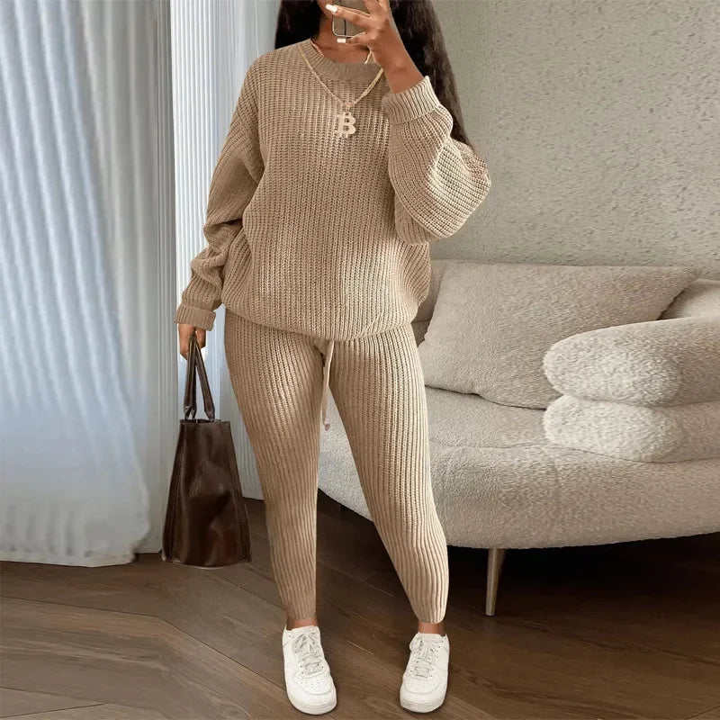 Spring and Autumn Home Fashion Casual Knitted Suit, Trousers Suit, Women's Wool Suit Crew Neck Pullover Long Sleeve Trousers Path Of Praise