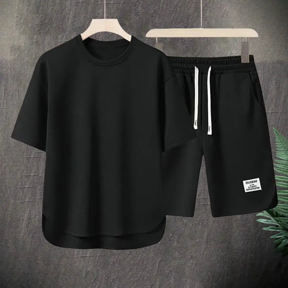 Men Activewear Casual Outfit Set, O-neck Short Sleeve T-shirt, Elastic Drawstring Waist, Wide Leg Shorts - Path Of Praise 