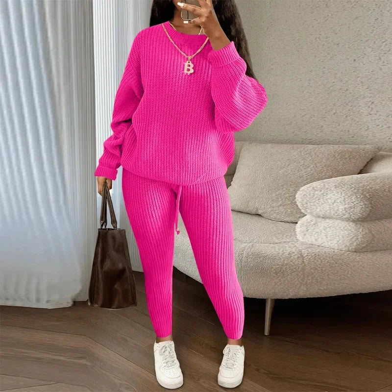 Spring and Autumn Home Fashion Casual Knitted Suit, Trousers Suit, Women's Wool Suit Crew Neck Pullover Long Sleeve Trousers Path Of Praise