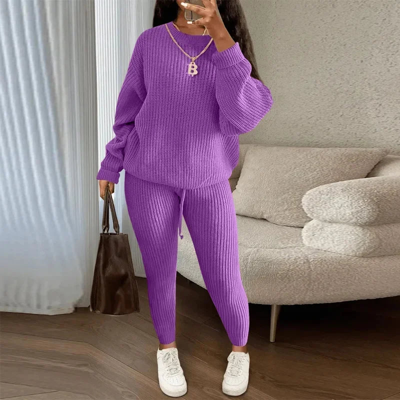 Spring and Autumn Home Fashion Casual Knitted Suit, Trousers Suit, Women's Wool Suit Crew Neck Pullover Long Sleeve Trousers Path Of Praise