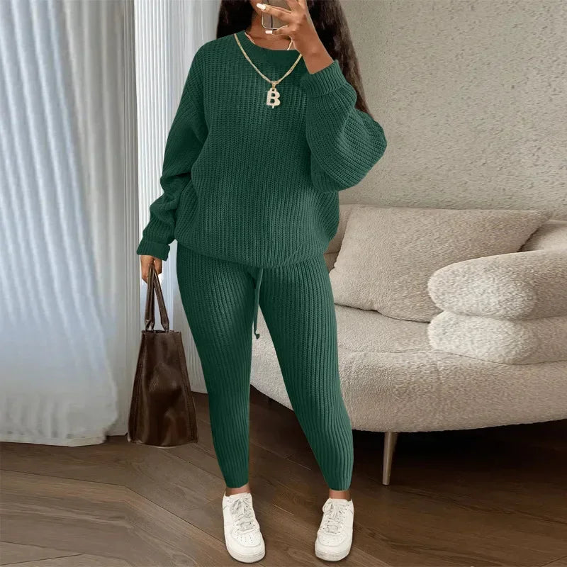 Spring and Autumn Home Fashion Casual Knitted Suit, Trousers Suit, Women's Wool Suit Crew Neck Pullover Long Sleeve Trousers Path Of Praise