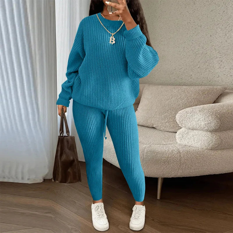 Spring and Autumn Home Fashion Casual Knitted Suit, Trousers Suit, Women's Wool Suit Crew Neck Pullover Long Sleeve Trousers Path Of Praise