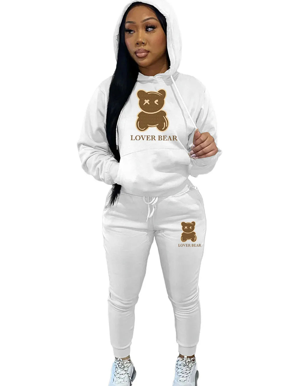 Women's "Lover Bear" 2-Piece Tracksuit Set – Long Sleeve Hoodie & Drawstring Pants with Kangaroo Pocket