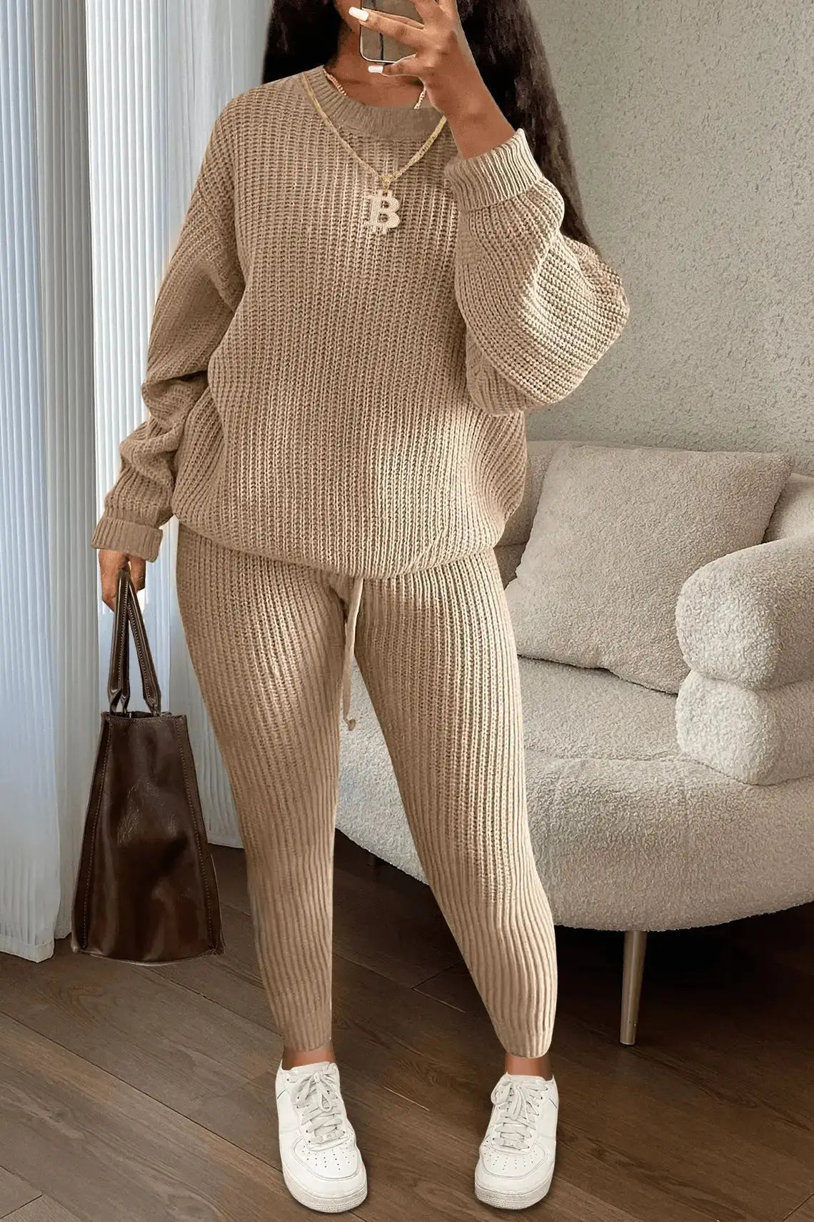 Spring and Autumn Home Fashion Casual Knitted Suit, Trousers Suit, Women's Wool Suit Crew Neck Pullover Long Sleeve Trousers Path Of Praise