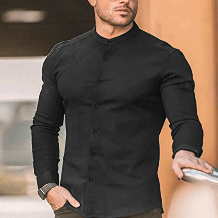 Men's  Casual Shirt Slim Fit Micro-elastic Long Sleeve Comfortable Versatile Stand Collar Tops Camisas  Men Dress Shirt Path Of Praise