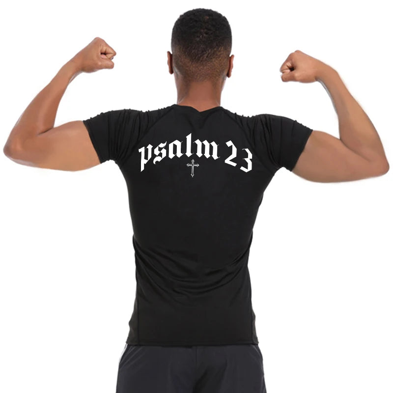 Psalm 23 Cross Print Compression Shirt for Men Sporty Quick Dry Tees Tshirt Tops Gym Workout Fitness Undershirts Baselayers Path Of Praise