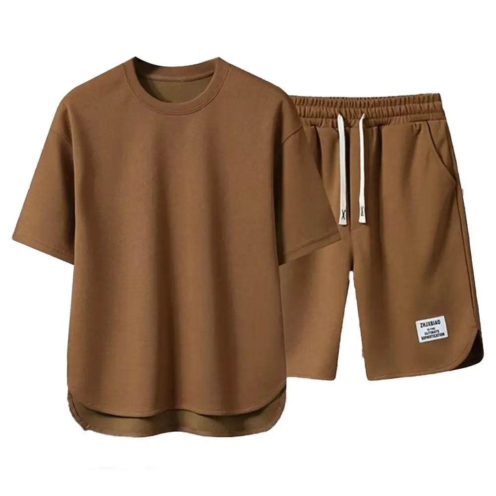 Men Activewear Casual Outfit Set, O-neck Short Sleeve T-shirt, Elastic Drawstring Waist, Wide Leg Shorts - Path Of Praise 