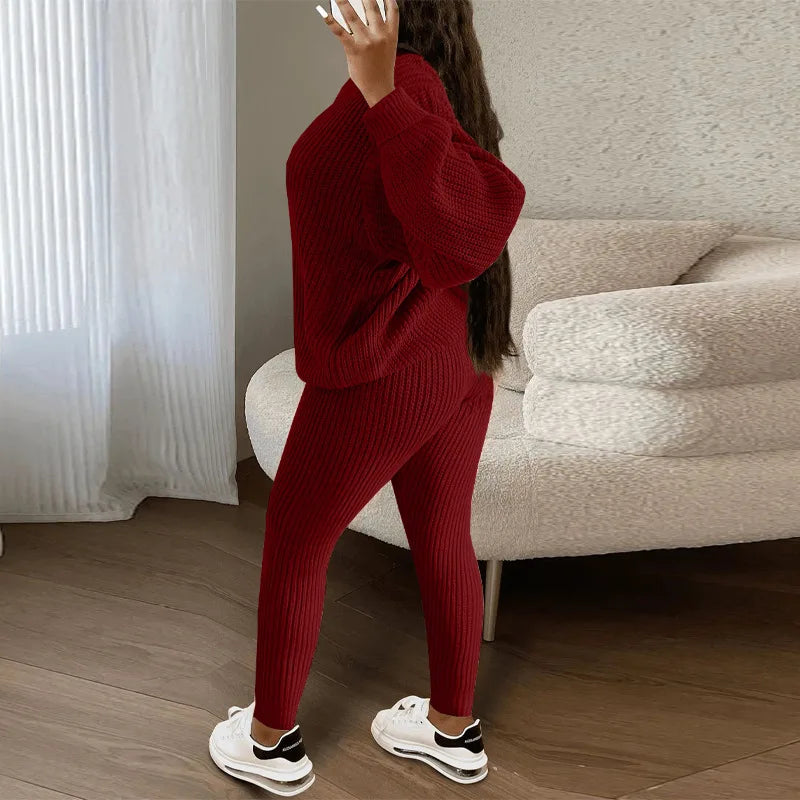 Spring and Autumn Home Fashion Casual Knitted Suit, Trousers Suit, Women's Wool Suit Crew Neck Pullover Long Sleeve Trousers Path Of Praise